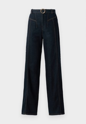 Wide-leg dark denim trousers with a high waist, featuring contrast stitching and a circular buckle belt. Smooth texture and structured design.