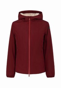 Giacca con cappuccio bordeaux con zip frontale, polsini elastici, tasche laterali con zip e una leggera fodera in pile beige chiaro visibile all'interno del cappuccio.