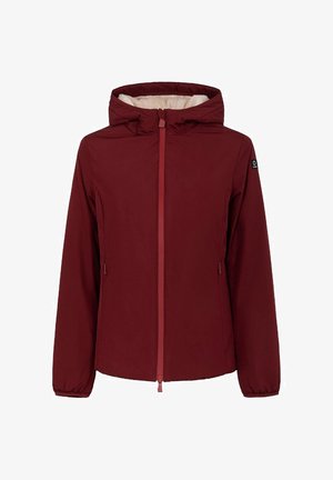 Burgunderfarbene Kapuzenjacke mit Frontreißverschluss, elastischen Bündchen, seitlichen Reißverschlusstaschen und hellbeigem Fleece-Futter, das im Inneren der Kapuze sichtbar ist.