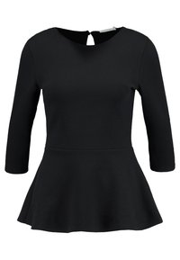 Top peplum nero con maniche tre quarti, tessuto testurizzato, colletto rotondo e un piccolo apertura sul retro. Silhouette classica adatta a varie occasioni.