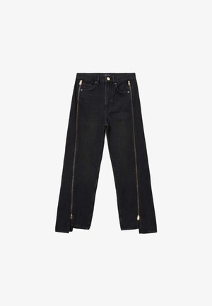 Black denim jeans with a straight leg design, featuring gold zippers along the sides and standard pockets at the waist.
