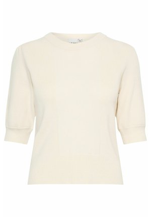 Pull en tricot, couleur ivoire clair, texture côtelée, manches courtes bouffantes et encolure ronde. Doté de détails en panneaux verticaux.