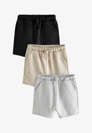 Tre paia di pantaloni corti con vita elastica e lacci. I colori includono nero, beige e grigio chiaro. Tessuto morbido con tasche.