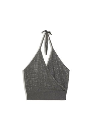 Crop top gris en maille à col halter, devant style cache-cœur et large bord-côte sur fond blanc.