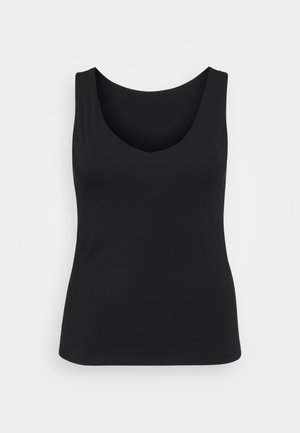 Débardeur noir sans manches avec un col ras du cou présenté sur fond blanc, mettant en avant son design simple et polyvalent.