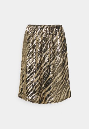 Polvisteen hame, jossa on musta ja kultaisia kiiltäviä paljettiraidoittain, ja joustava vyötärö, yksinkertaisella valkoisella taustalla.