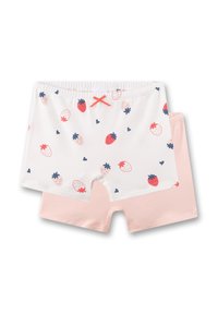Zwei Kinderhosen: eine weiße mit Erdbeermuster und Herzen, die andere uni pink. Beide haben einen elastischen Bund.