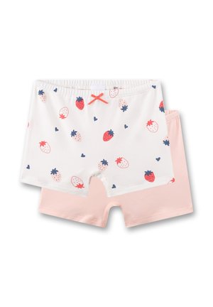 Zwei Kinderhosen: eine weiße mit Erdbeermuster und Herzen, die andere uni pink. Beide haben einen elastischen Bund.