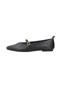 Bailarinas de cuero negro con punta afilada, que cuentan con una pequeña correa y detalle de hebilla, diseño elegante y tacón bajo apilado.