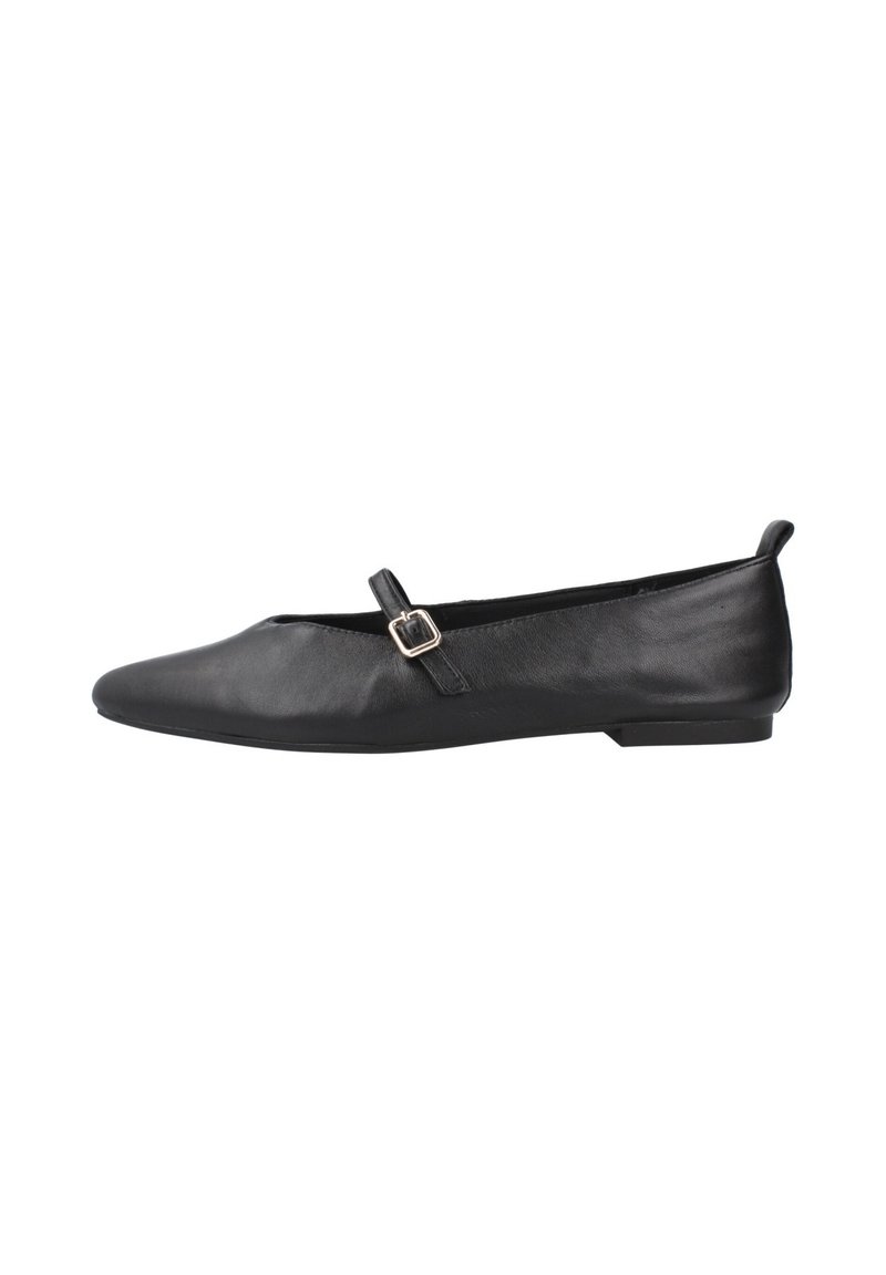 Bailarinas de cuero negro con punta afilada, que cuentan con una pequeña correa y detalle de hebilla, diseño elegante y tacón bajo apilado.