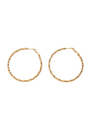 Guld øreringe i hoop-design med et segmenteret, bambusinspireret mønster og hængslet lås på hvid baggrund.