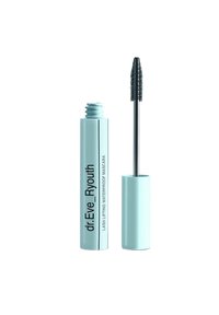 Light blue cylindrical mascara tube with black text. Contains a brush with dense bristles, attached within the tube, for application.