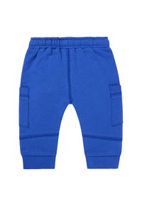 Blaue Baumwoll-Sweatpants mit einem elastischen Bund, verfügen über zwei seitliche Taschen und gerippte Knöchelabschlüsse. Glatte Textur und lockere Passform.