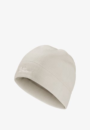 Beige fleece muts met een gladde textuur, voorzien van een gestikte logo detail en een nauwsluitend, rond ontwerp.