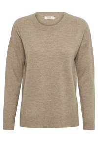 Beżowy dzianinowy sweter z okrągłym dekoltem, luźnym krojem i prążkowanym wykończeniem na dole. Miękka faktura, długie rękawy i minimalistyczny design.