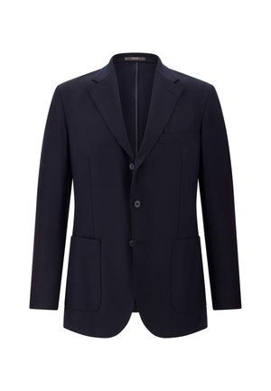 Navy blazer with notched lapels, three buttons, two front pockets, and a breast pocket. Made of smooth fabric, featuring a tailored fit.