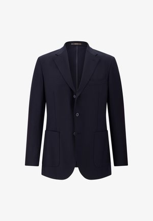 Tumesinine pintsak, mis on valmistatud kohandatud kangast, ja millel on sälgkrae, kaks eesmist taskut ning kolm eesmist nööpi. Sile tekstuur.