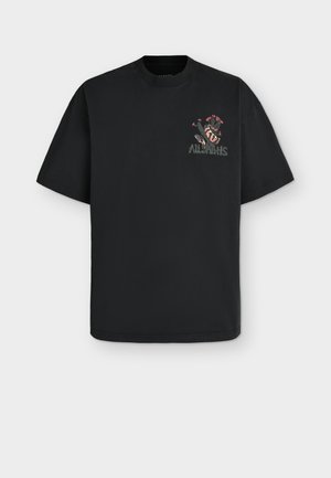 Black short-sleeve T-shirt with round neck featuring a small floral and AllSaints logo design on the left chest area.