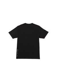 Black cotton t-shirt with short sleeves, crew neck, featuring a vertical white "RVCA" logo on the left side near the hem.