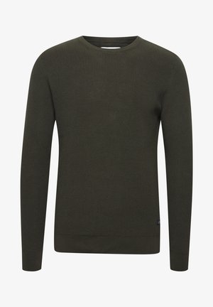 Tamsiai žalia raštuota megztinė su ilgomis rankovėmis, apvaliu kaklu ir prigludusia siluetu. Tekstūruotas audinys su subtiliu raštu ir be matomų logotipų.