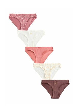 Päť dámskych bikínových nohavičiek v zvislom rade, s jednofarebnými a kvetinovými vzormi v ružových, bielych a hnedom odtieni.