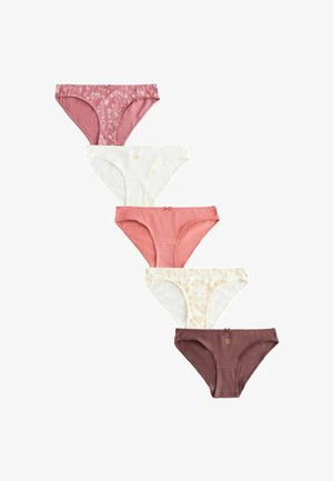 Cinci chiloți de damă stil bikini într-un rând vertical, cu culori uni și modele florale în tonuri roz, alb și maro.