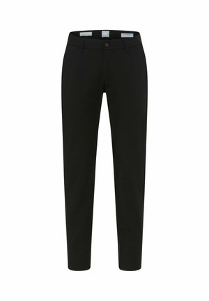 Pantaloni neri realizzati in materiale lucido, con design aderente, gambe dritte, chiusura frontale con bottoni e dettagli di cucitura minimalisti.