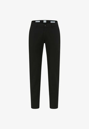 Schwarze Hose aus glattem Material mit figurbetontem Schnitt, geraden Beinen, vorderer Knopfverschluss und minimalistischen Nahtdetails.