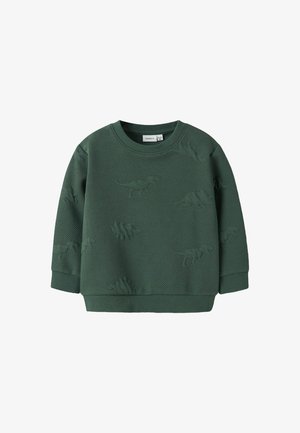 Felpa verde lavorata a maglia con motivi di dinosauri in rilievo, scollatura tonda e polsini e orlo a costine. Texture morbida con un aspetto strutturato.