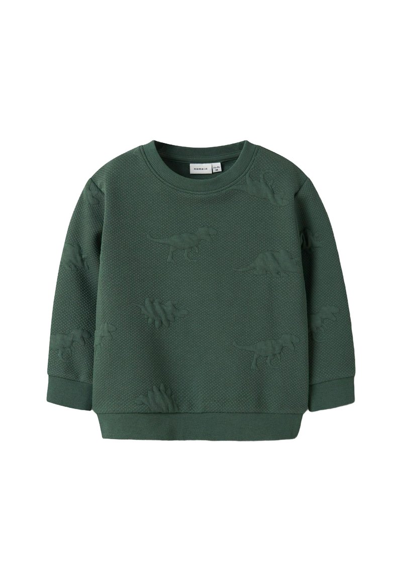 Sweat-shirt en tricot vert avec des motifs de dinosaures en relief, col rond et finitions côtelées aux poignets et à l'ourlet. Texture douce avec un aspect structuré.