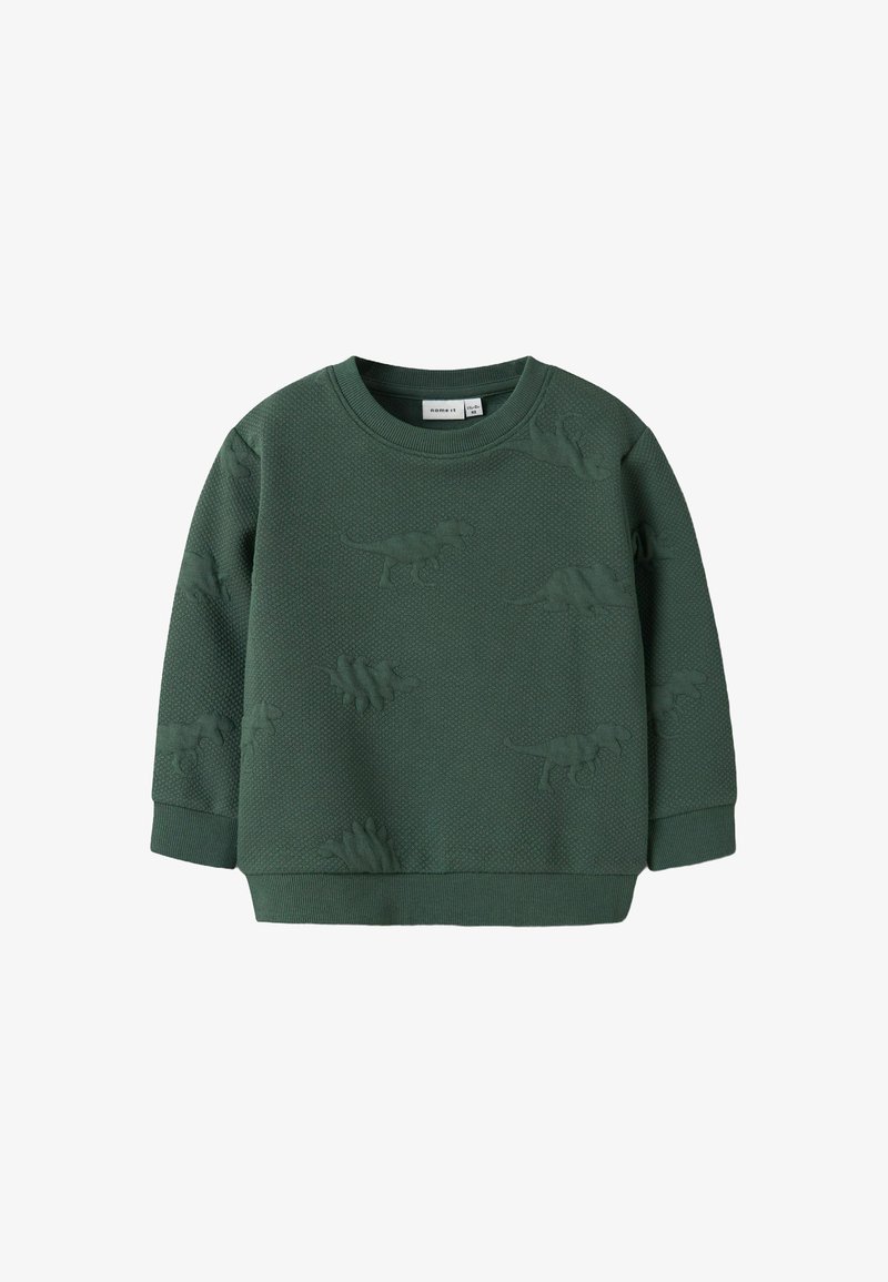 Sweat-shirt en tricot vert avec des motifs de dinosaures en relief, col rond et finitions côtelées aux poignets et à l'ourlet. Texture douce avec un aspect structuré.