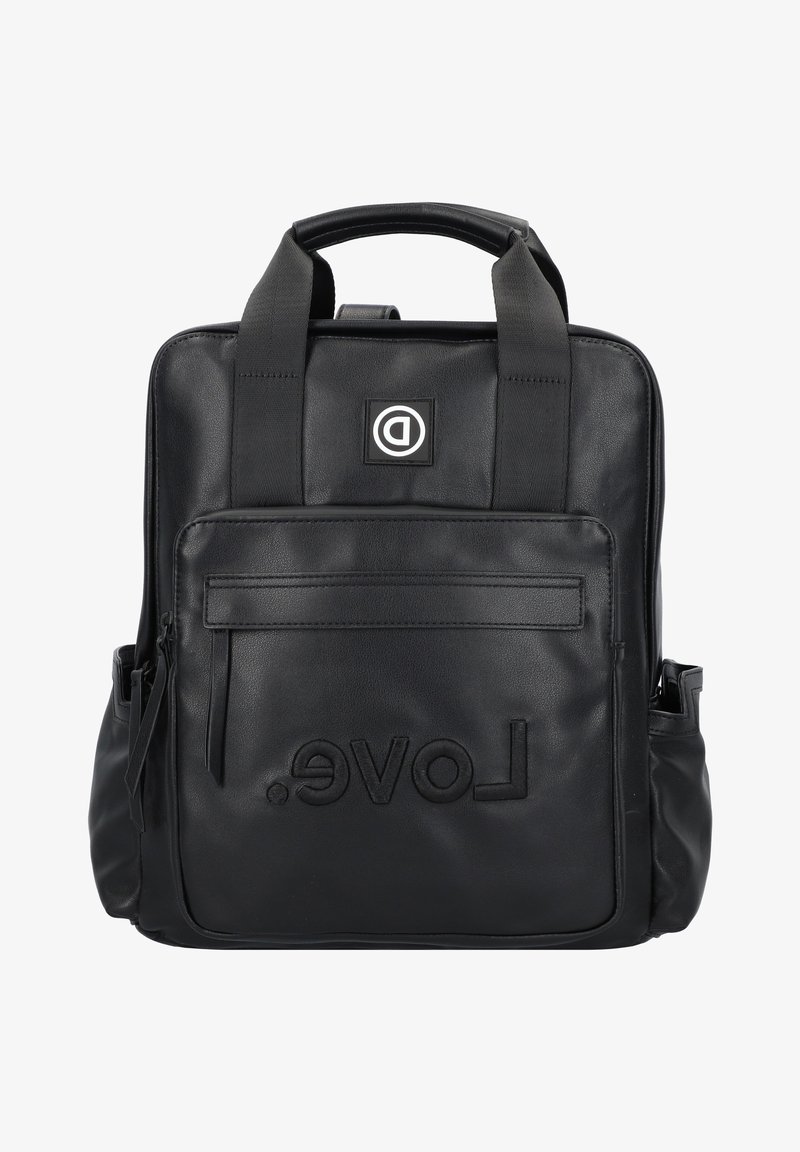Sac à dos en cuir noir avec poignées supérieures, poche zippée avant, poches latérales et logo embossé "Love." sur la poche avant.