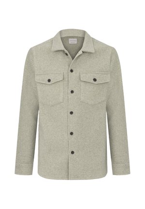 Giacca camicia in misto lana verde chiaro, con una superficie texturizzata, due tasche sul petto, bottoni scuri e un design classico del colletto.