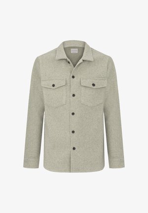 Light green, wool blend shirt jacket with a textured surface, two chest pockets, dark buttons, and a classic collar design.