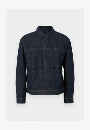 Jachetă din denim albastru închis cu închidere cu nasturi, două buzunare frontale și un guler clasic, afișată pe un fundal alb.