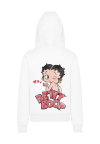 White hoodie featuring a Betty Boop graphic. The design includes black hair, earrings, and hearts, with "BETTY BOOP" text in red glitter.