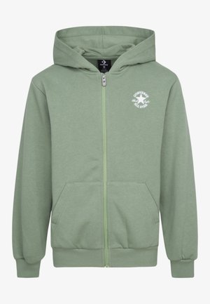Grønn zip-up hettegenser laget av myk stoff som har et frontlogo og sidelommer; inkluderer hette og ribbede mansjetter og kant.