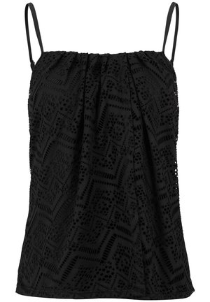 Débardeur en dentelle noire avec un design superposé, des bretelles fines réglables, et un tissu texturé et à motifs avec des découpes.