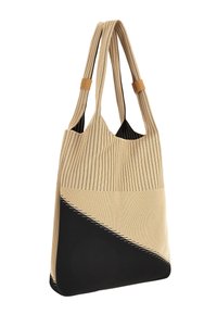 Canvas draagtas met een bovenste gedeelte in beige met strepen, een zwart onderste gedeelte en diagonaal stiksel; voorzien van twee lange handvatten.