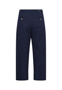 Navy blue straight-leg pants with belt loops, two back buttoned pockets, and a small top label detail.