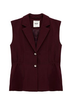 Mouwloze bordeauxrode gilet met reverskraag, twee knopen aan de voorkant en subtiel geplooide zijnaden, gelabeld "Koton Business" aan de binnenkant van de kraag.