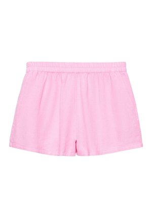 Puha rózsaszín frottír rövidnadrág elasztikus derékpánttal, bő szabással és rövid hosszúsággal, alkalmi vagy otthoni viseletre tervezve.
