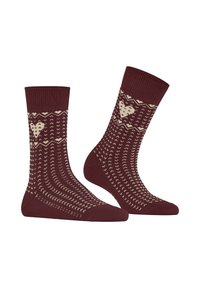 Chaussettes en coton bordeaux avec un motif géométrique crémeux, arborant un design en forme de cœur, des poignets côtelés et une texture lisse. Idéales pour une utilisation quotidienne.