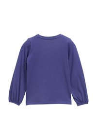 Lange mouw paarse shirt met ronde halslijn en gegatherde manchetten, gemaakt van zachte katoenstof, met een effen kleur ontwerp.