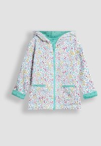 Giacca leggera a fiori in bianco, con dettagli turchesi e polsini, dotata di cappuccio, zip completa e tasche frontali.