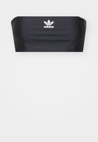 Top bandeau preto feito de tecido suave, com um logotipo branco da Adidas centrado na frente, sem padrões ou ornamentos adicionais.