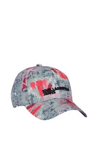 Gorra con base gris, que presenta un patrón abstracto multicolor en rosa y blanco. Logo negro "KARL LAGERFELD JEANS" en la parte frontal.