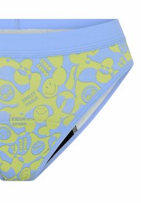 Caleçons en coton bleu avec un motif ludique jaune de visages souriants et de formes. Taille élastique avec un détail de piqûre contrastante.