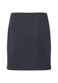 Tamno plava suknja sa suptilnim vertikalnim bijelim prugama, strukturiranog dizajna i glatke teksture. Ima krojeni fit i čiste linije.