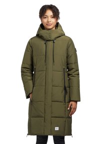 Olive green padded long coat with a hood, featuring black drawstrings, side zippers, and a rectangular logo label at the hem.
